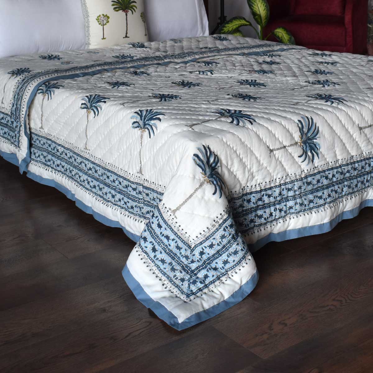 Hand Block Printed Cotton Queen Size Quilt Palm Tree Blue 203606