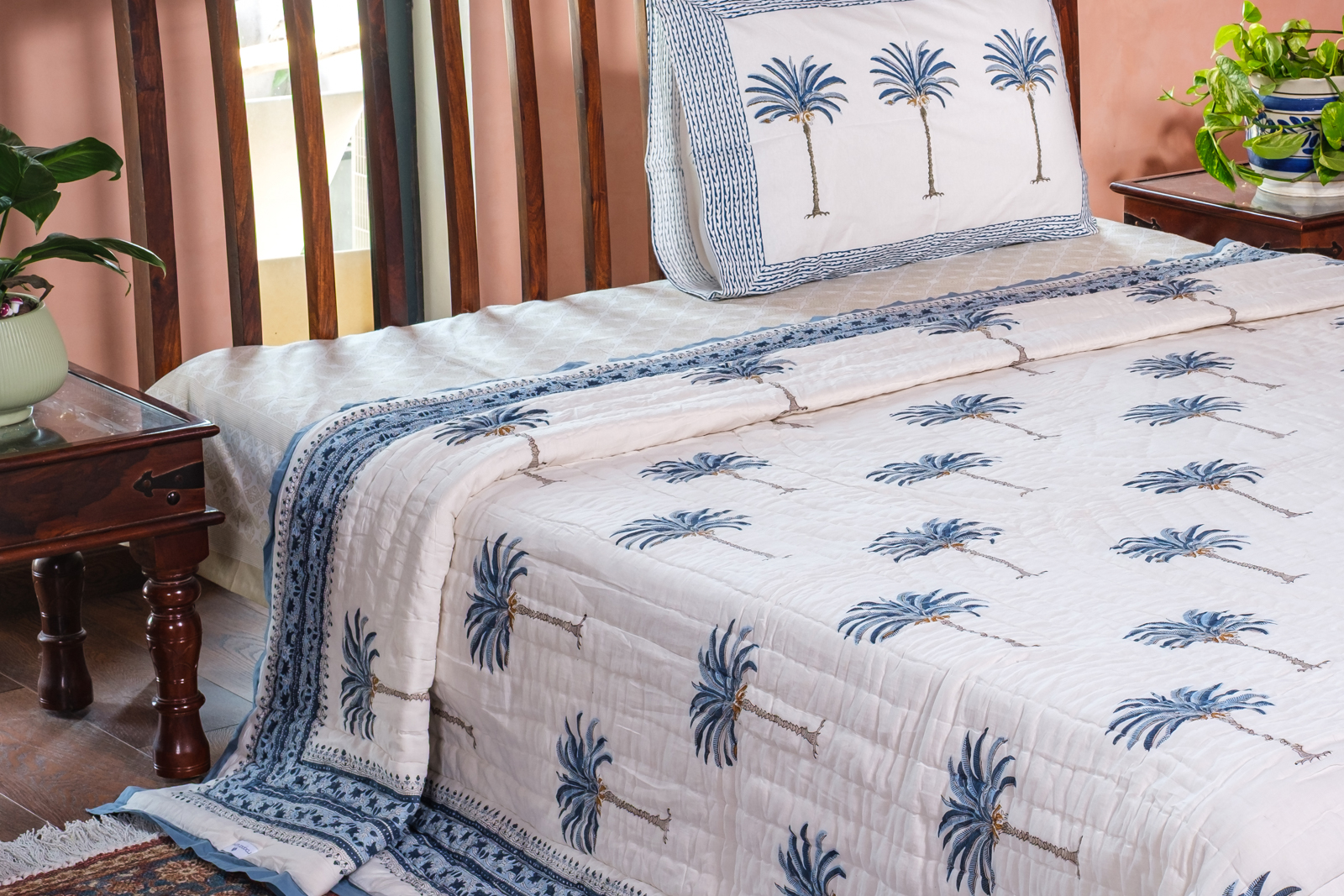 Hand Block Printed Cotton King Size Quilt Palm Tree Blue 203585