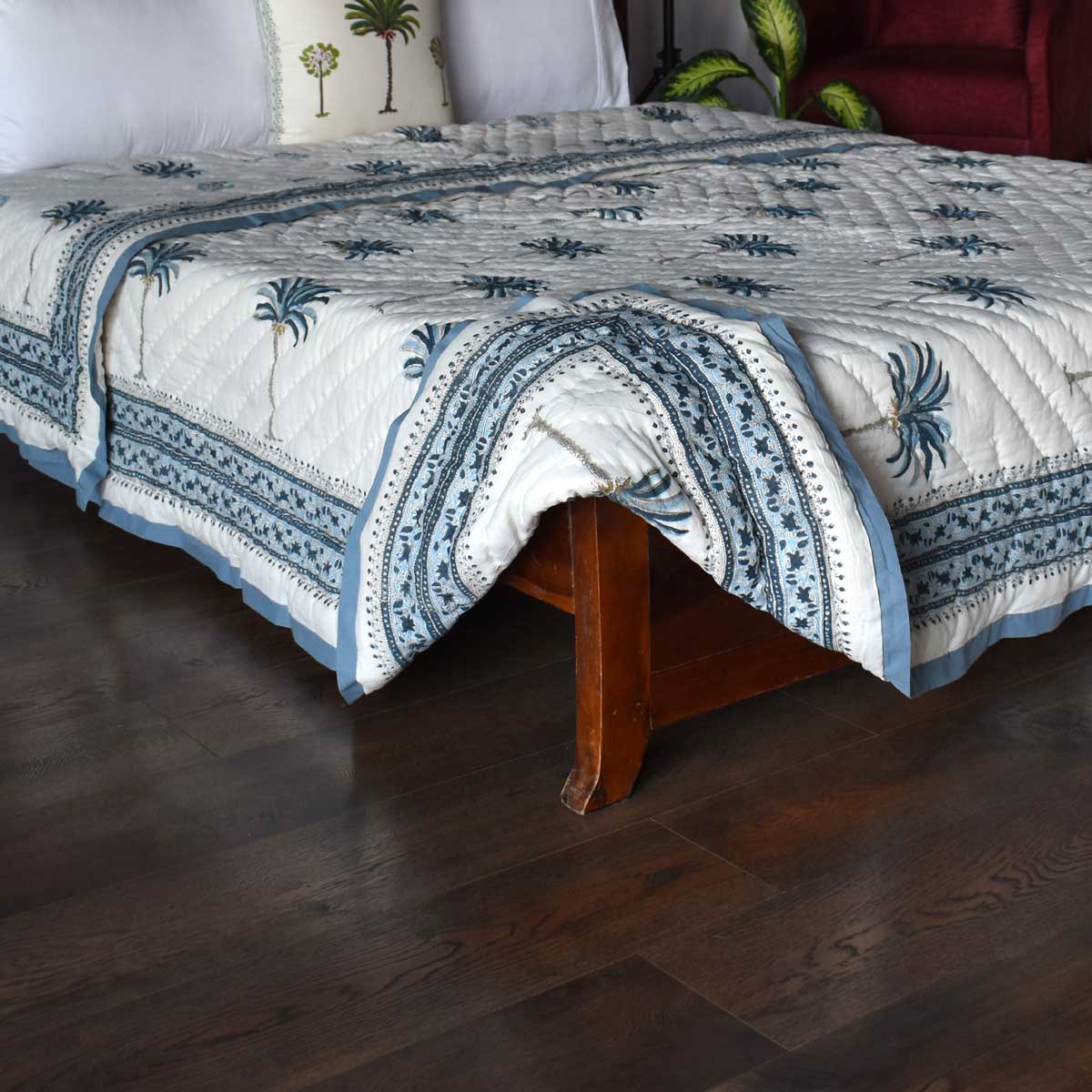 Hand Block Printed Cotton Queen Size Quilt Palm Tree Blue 203606