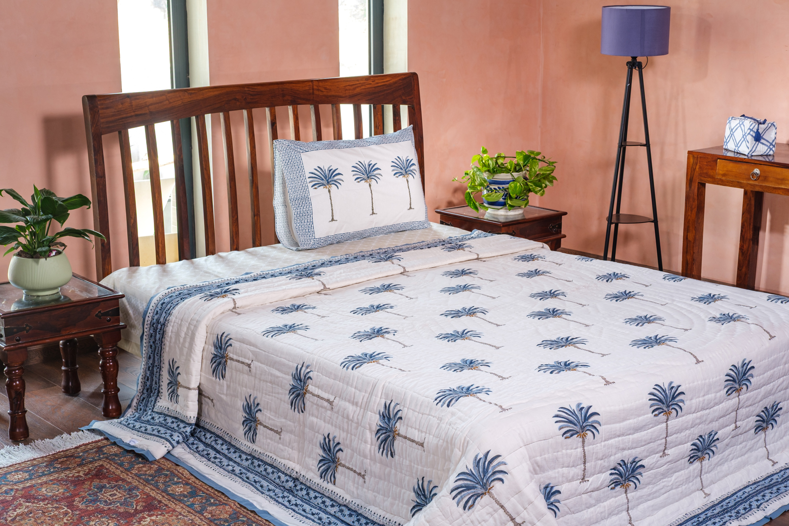 Hand Block Printed Cotton King Size Quilt Palm Tree Blue 203585