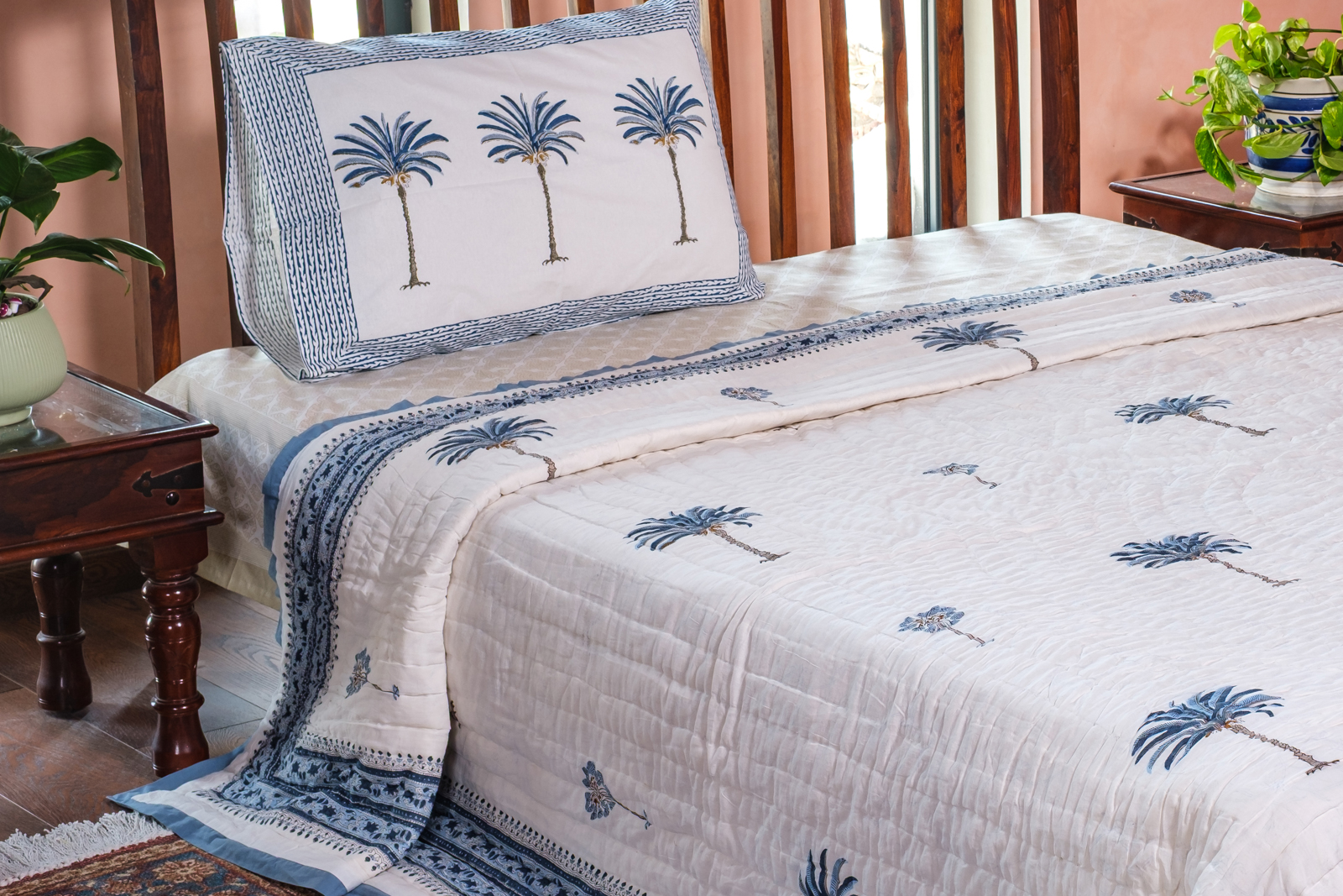 Hand Block Printed Cotton King Size Quilt Palm Tree Blue 203585