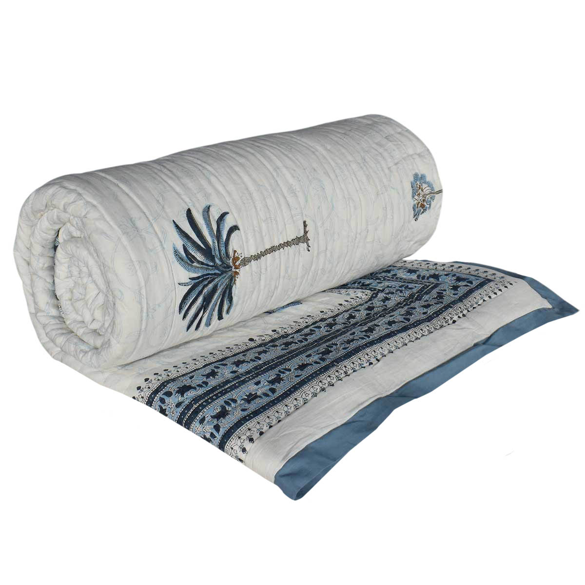 Hand Block Printed Cotton Queen Size Quilt Palm Tree Blue 203606