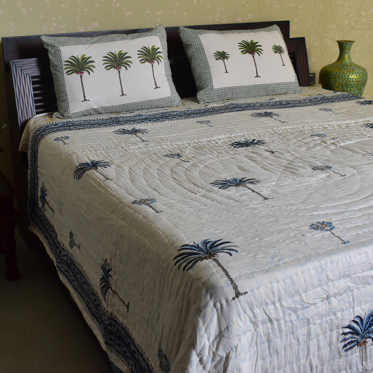 Hand Block Printed Cotton Queen Size Quilt Palm Tree Blue 203606