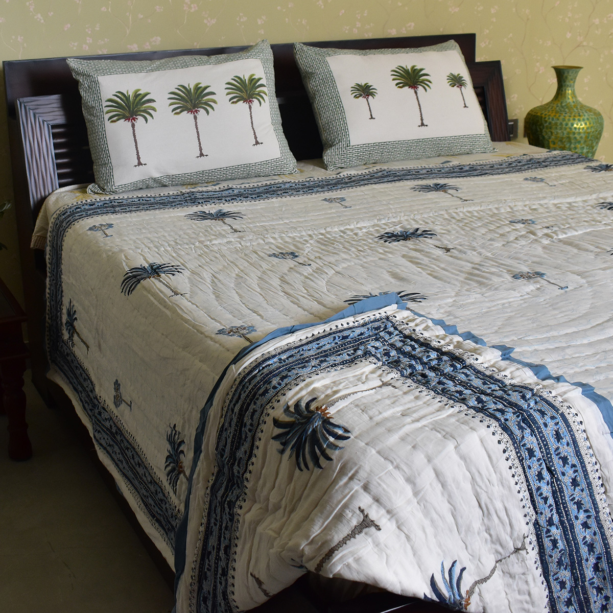 Hand Block Printed Cotton Queen Size Quilt Palm Tree Blue 203606