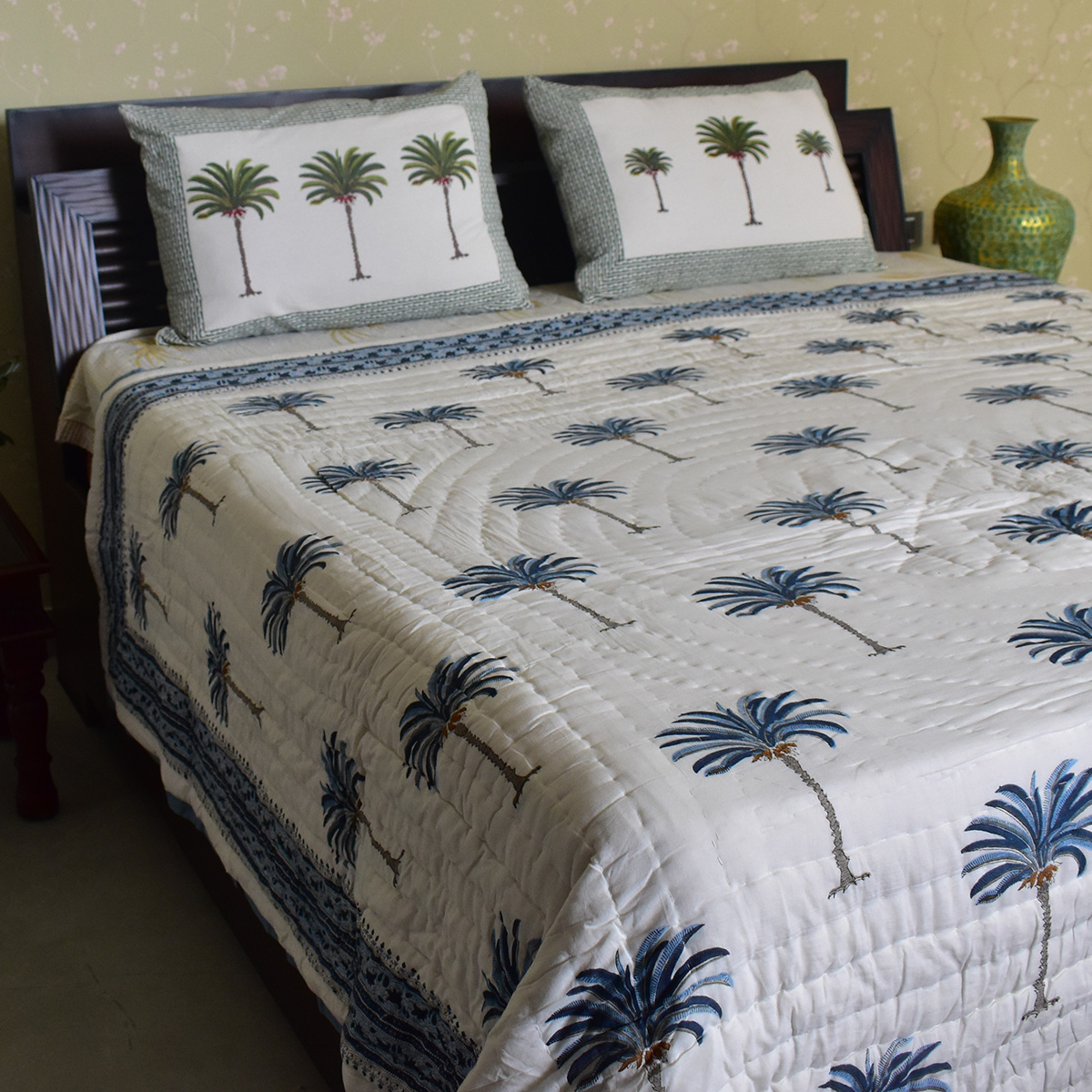 Hand Block Printed Cotton Queen Size Quilt Palm Tree Blue 203606