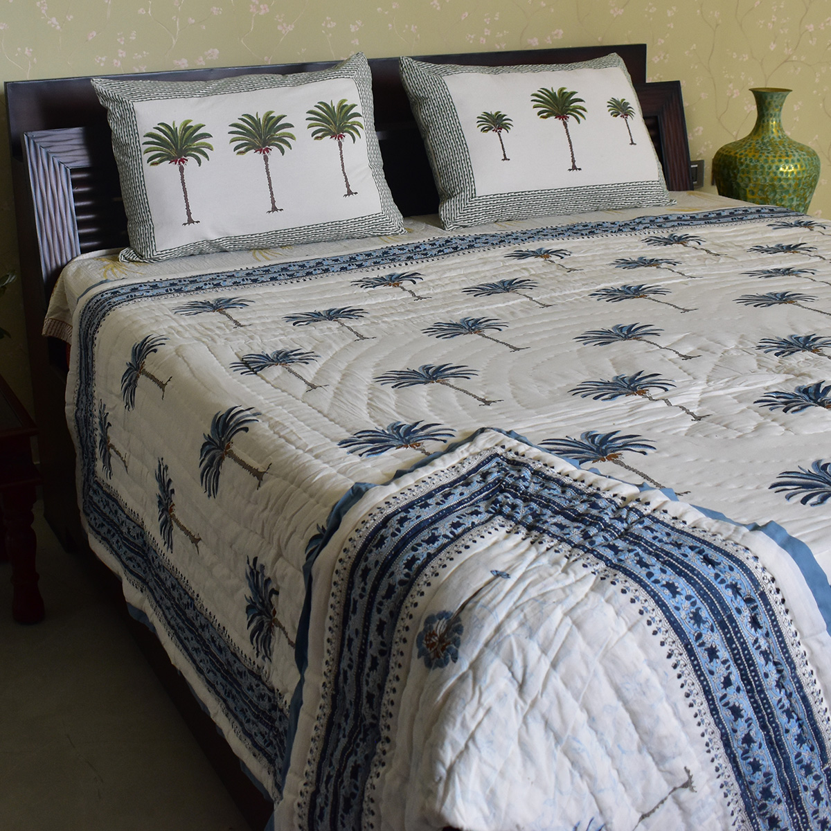 Hand Block Printed Cotton Queen Size Quilt Palm Tree Blue 203606