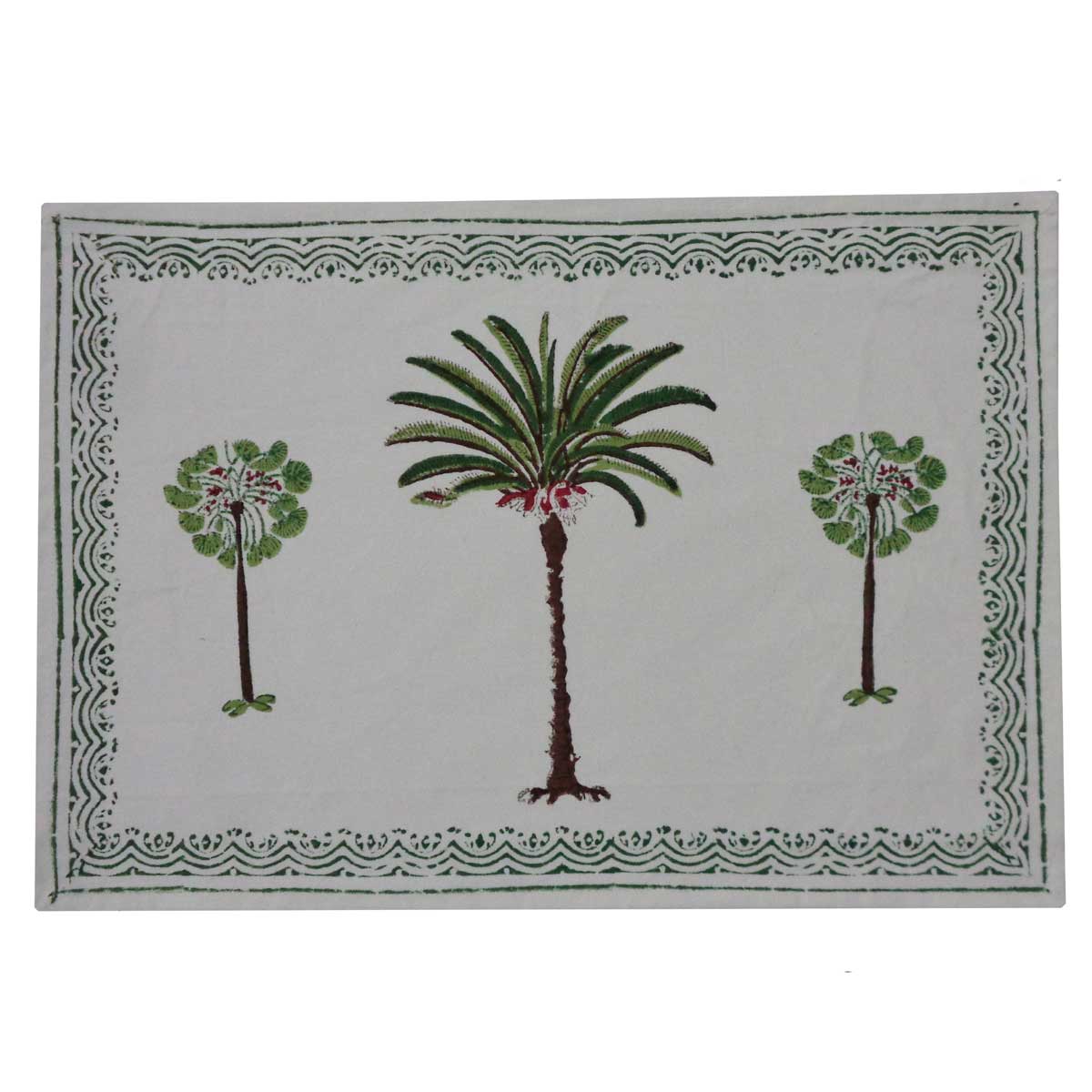 Hand Block Printed Cotton Canvas Tablemat 32x48 Set of 2 Tablemats  Palm Tree Green 109024