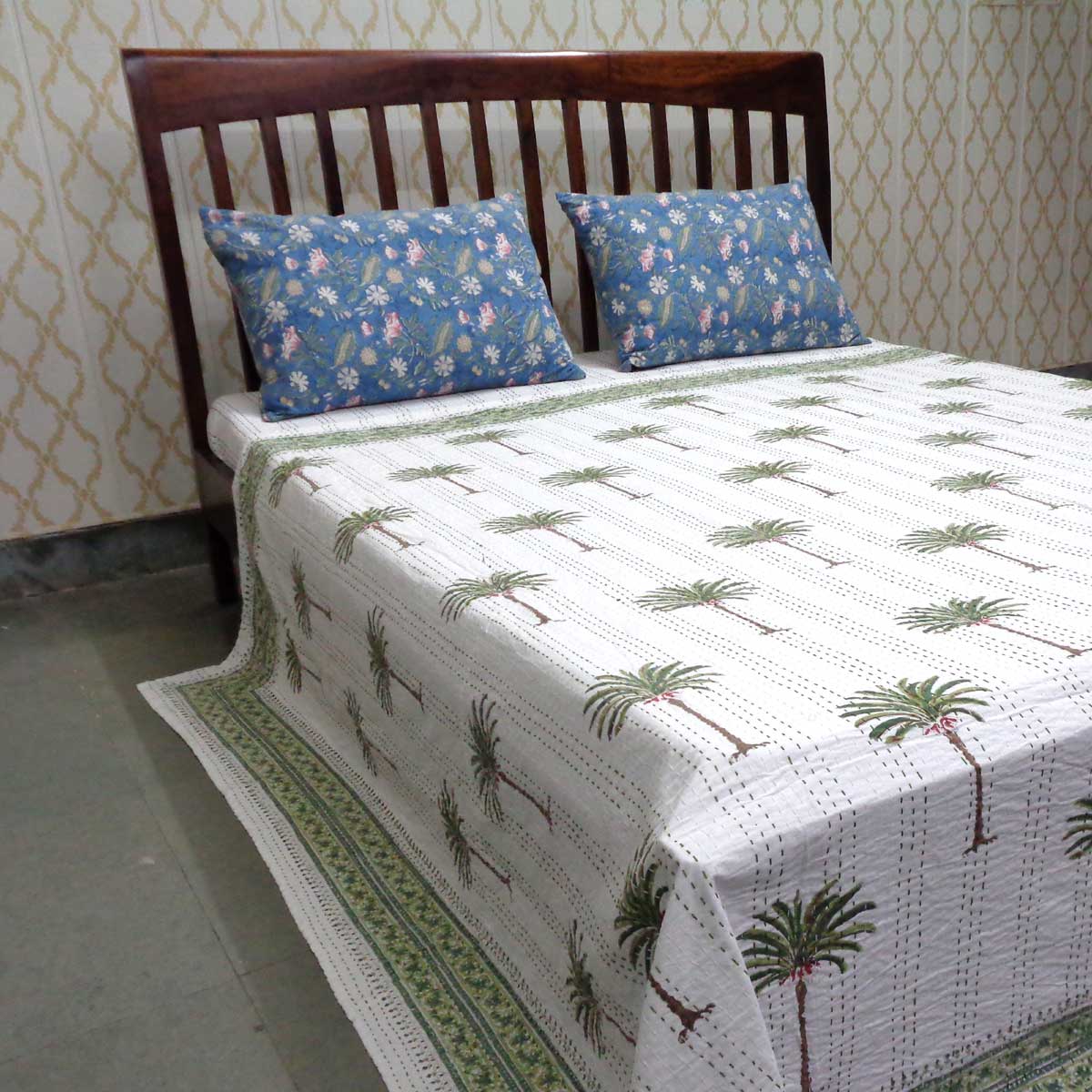 Hand Block Printed Cotton Sanganer Kantha Queen Size  Palm Tree Green 109024