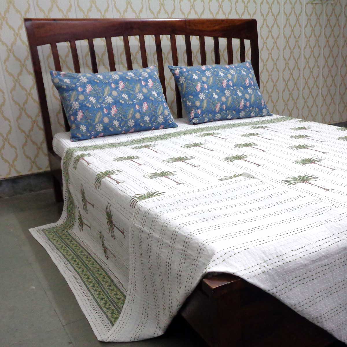 Hand Block Printed Cotton Sanganer Kantha Queen Size Palm Tree Green 109024