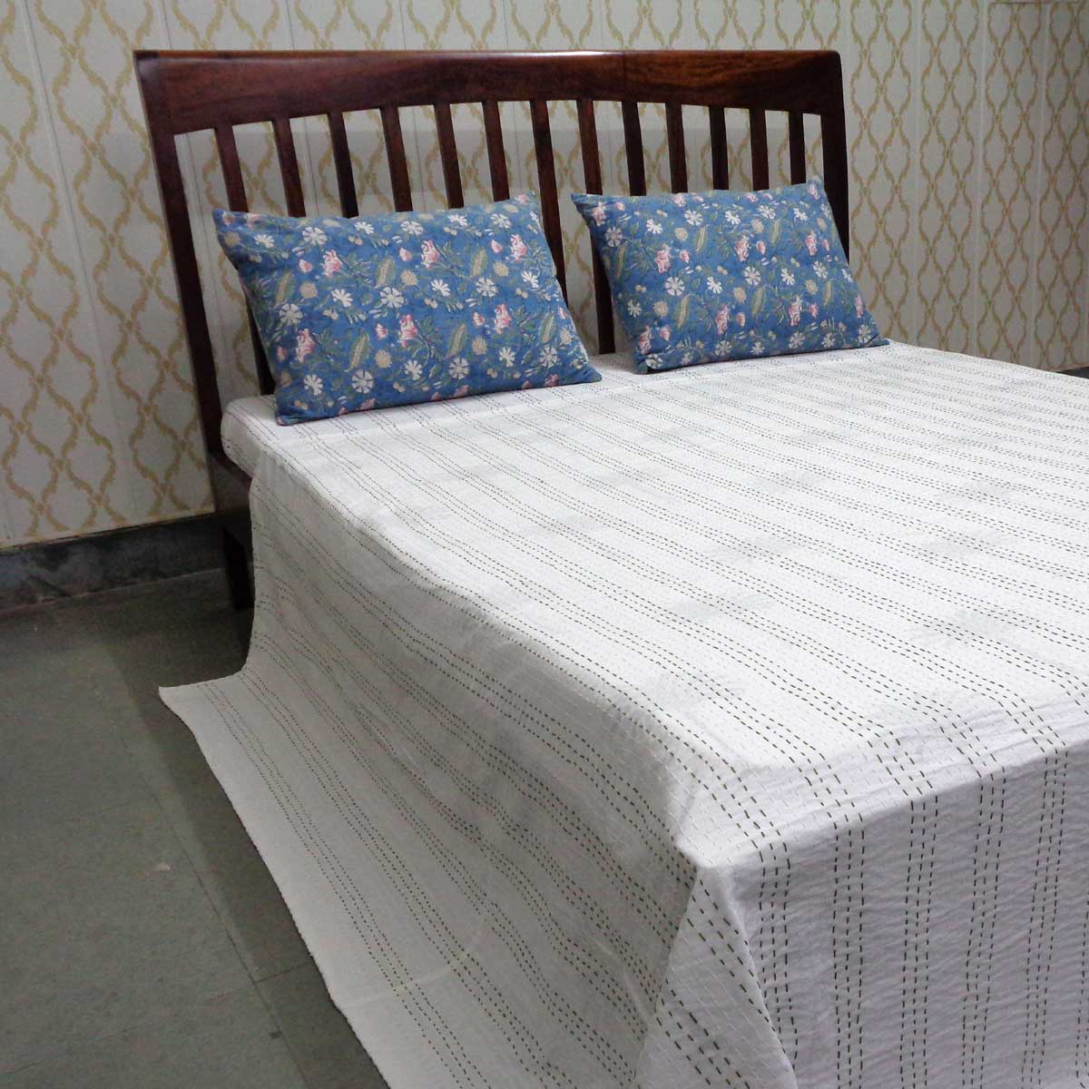 Hand Block Printed Cotton Sanganer Kantha Queen Size Palm Tree Green 109024