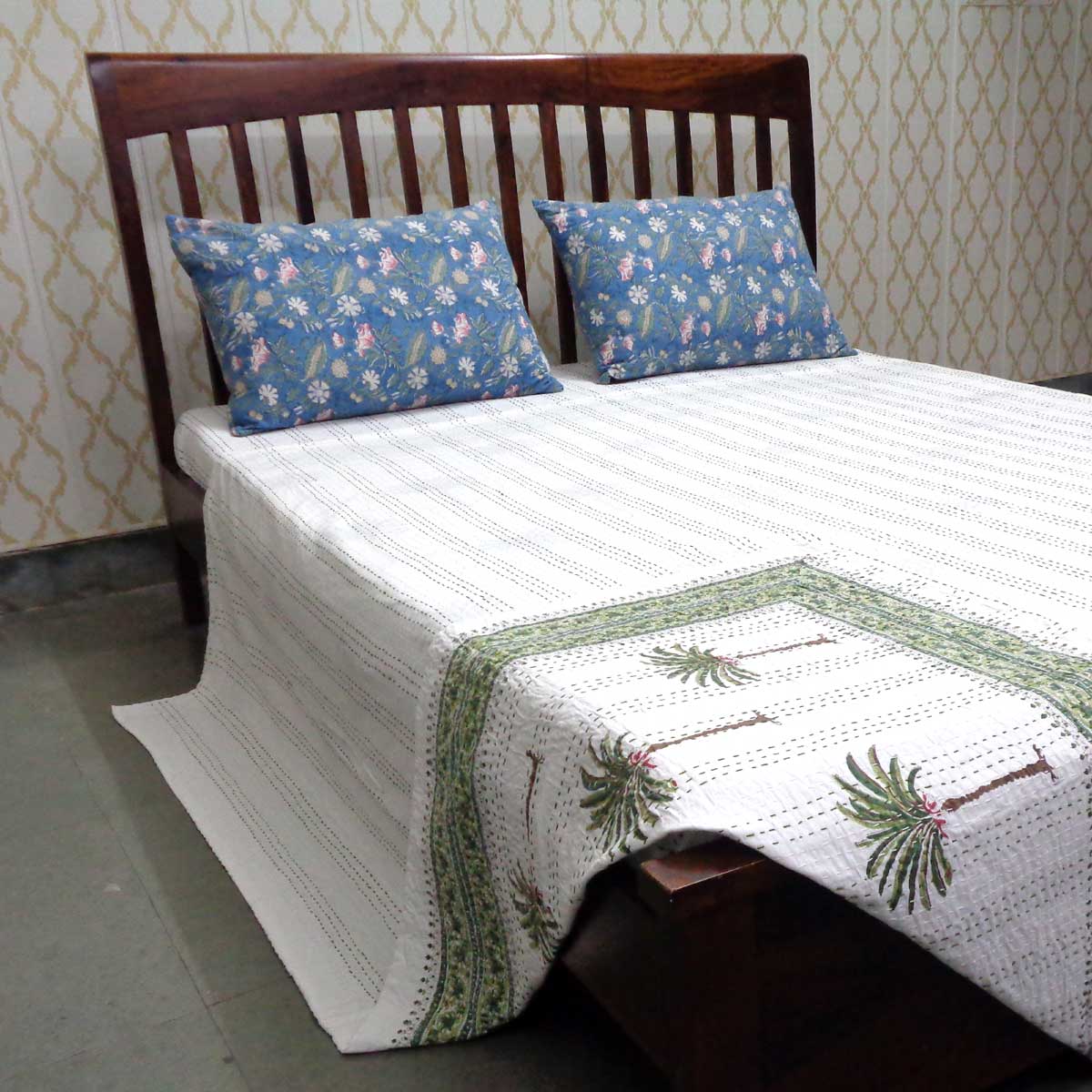 Hand Block Printed Cotton Sanganer Kantha Queen Size Palm Tree Green 109024