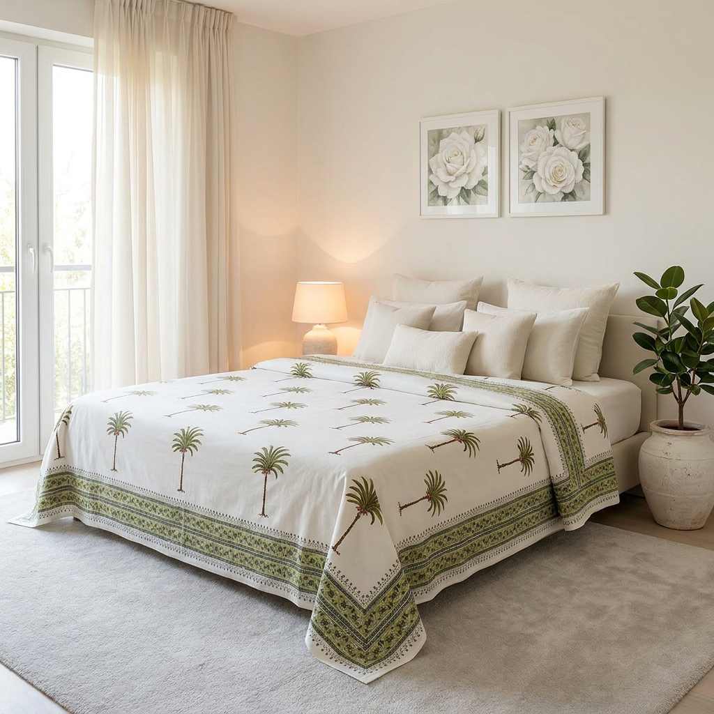 Hand Block Printed Cotton Queen Size Bedspread Palm Tree Green 109024