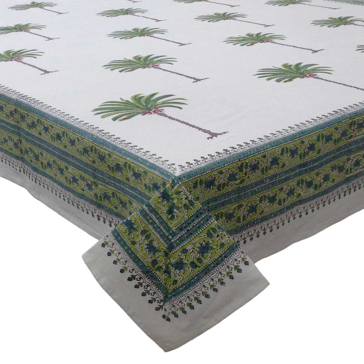 Hand Block Printed Cotton Tablecloth 150x220 cms Palm Tree Green 109024