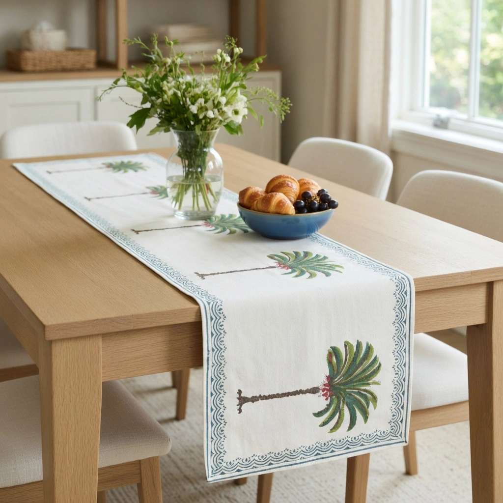 Hand Block Printed Cotton Canvas Table Runner 33x170 cms Palm Tree Green 109024