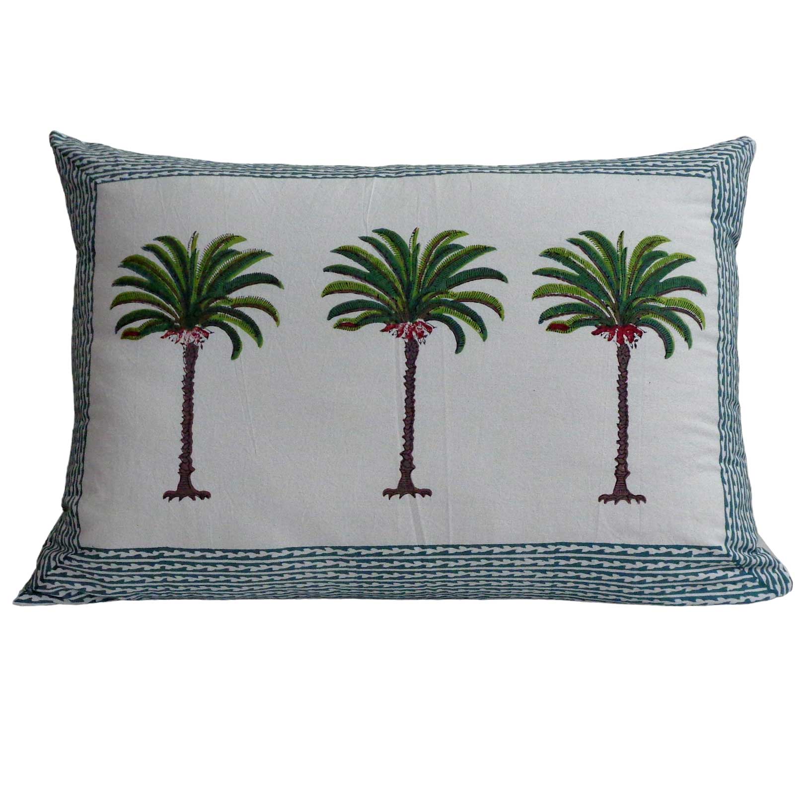Hand Block Printed Cotton Pillows Cover 50x70 cm Set of 2 Palm Tree Green 109024