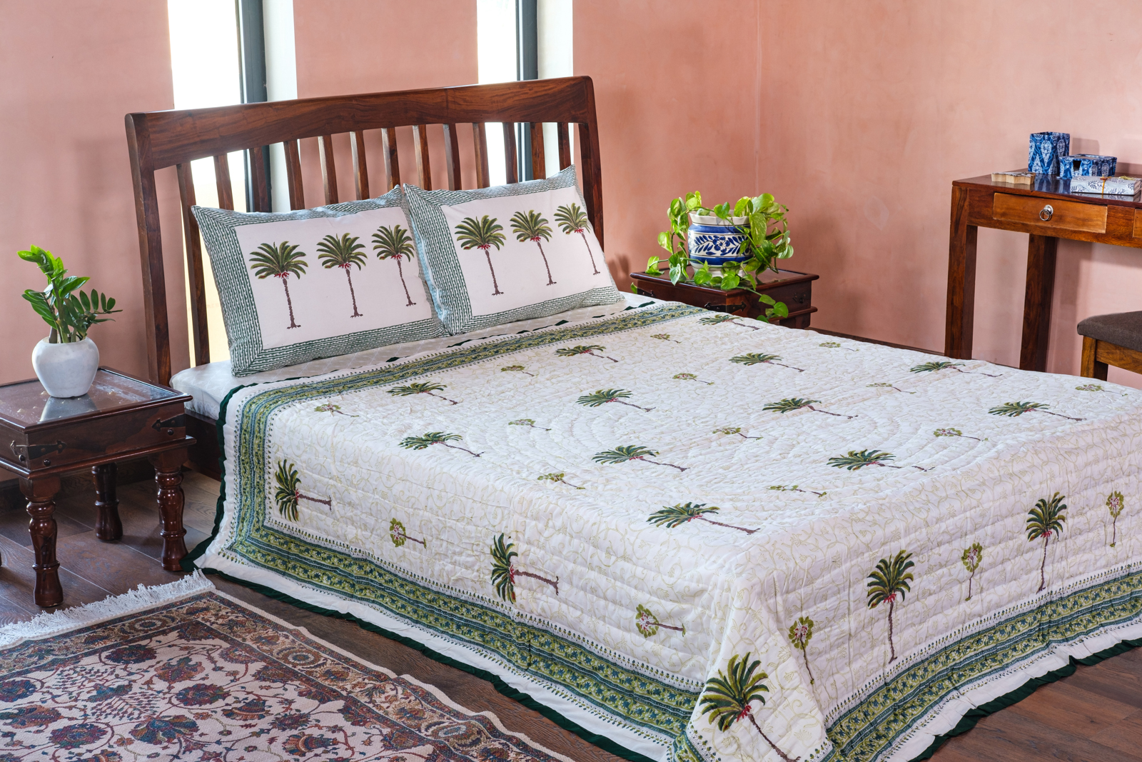 Hand Block Printed Cotton Queen Size Quilt Palm Tree Green 109024