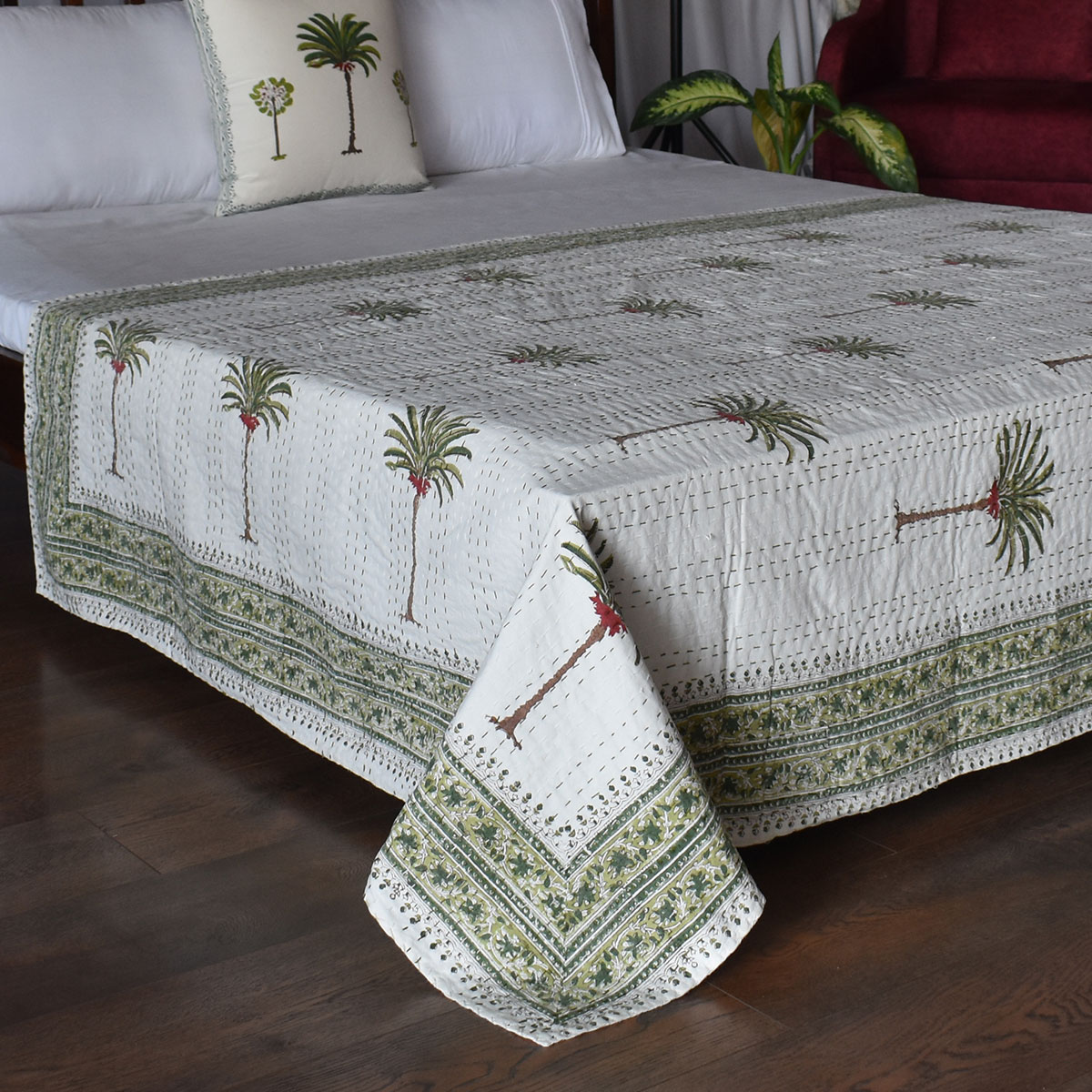 Hand Block Printed Cotton Twin Size Kantha Palm Tree Green 109024