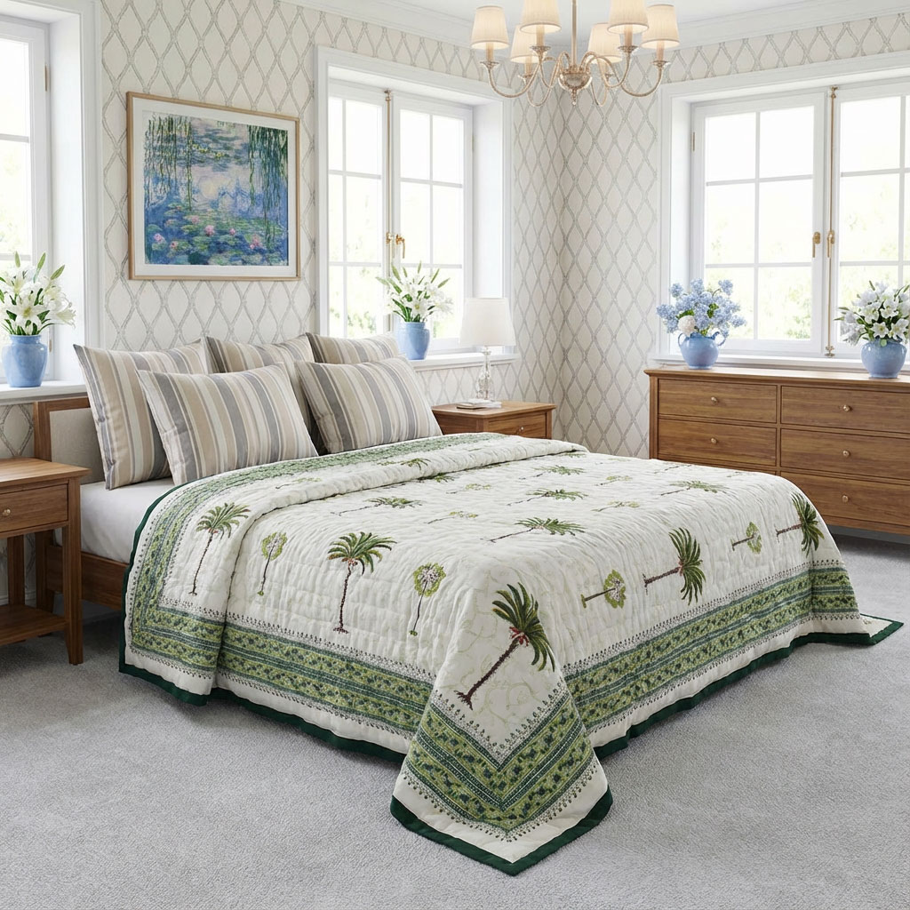 Hand Block Printed Cotton Twin Size Quilt Palm Tree Green 109024