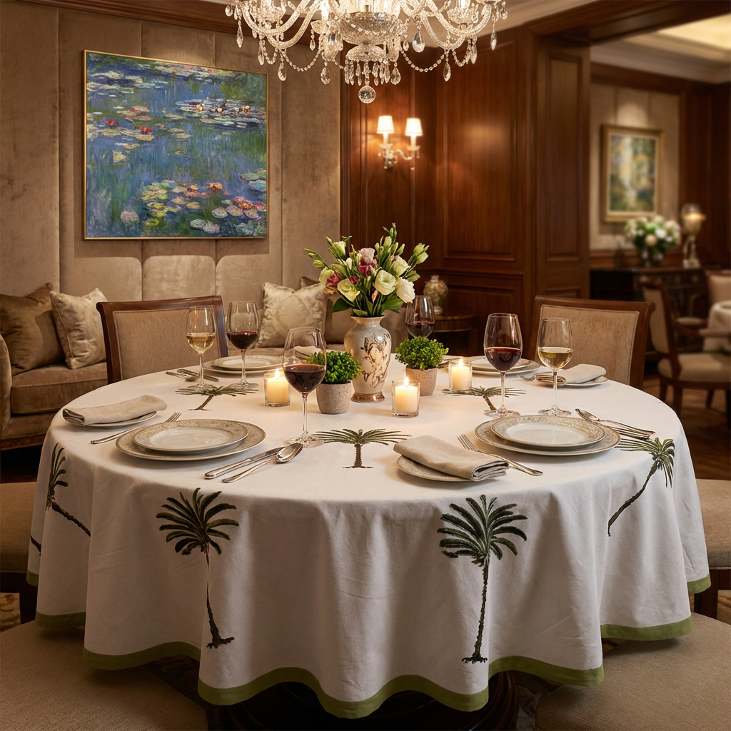 Hand Block Printed Cotton Round Tablecloth 220 cms  Palm Tree Green 109024