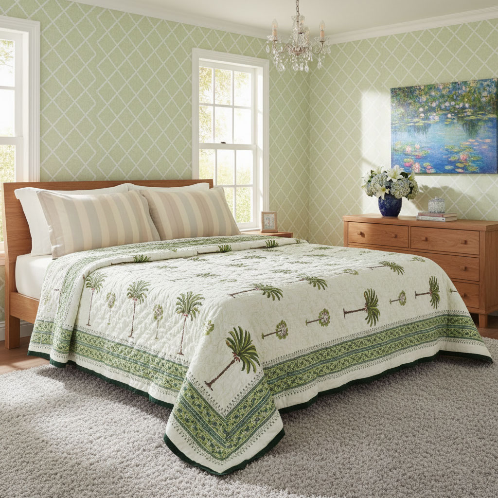 Hand Block Printed Cotton Queen Size Quilt Palm Tree Green 109024