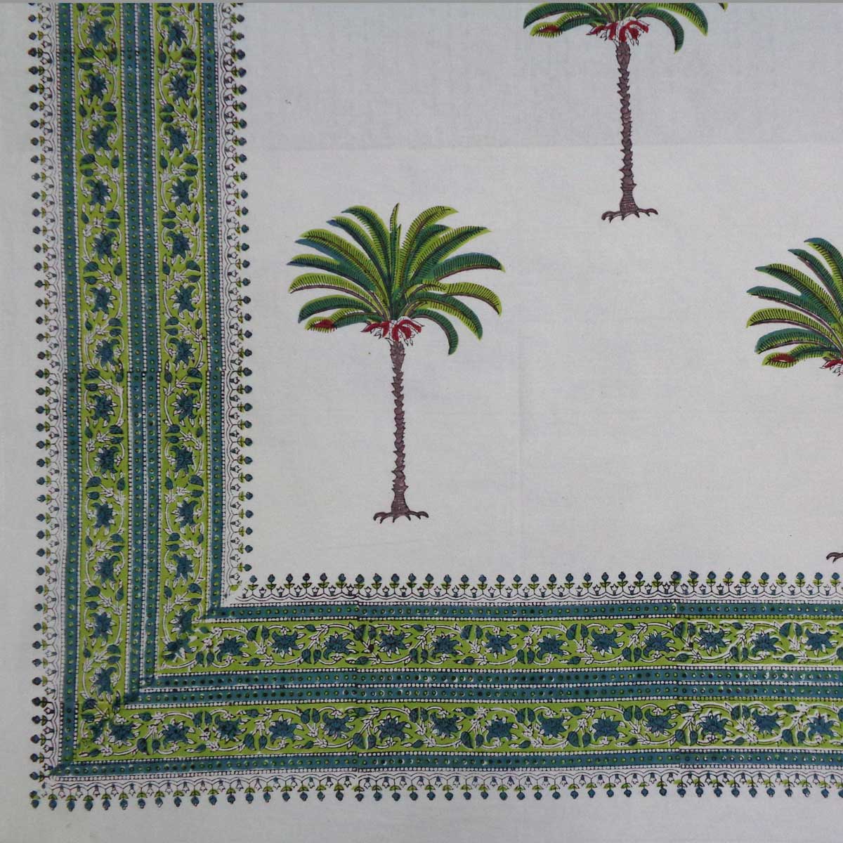 Hand Block Printed Cotton Tablecloth 150x220 cms Palm Tree Green 109024
