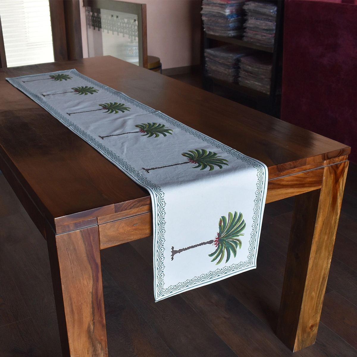 Hand Block Printed Cotton Canvas Table Runner 33x170 cms Palm Tree Green 109024