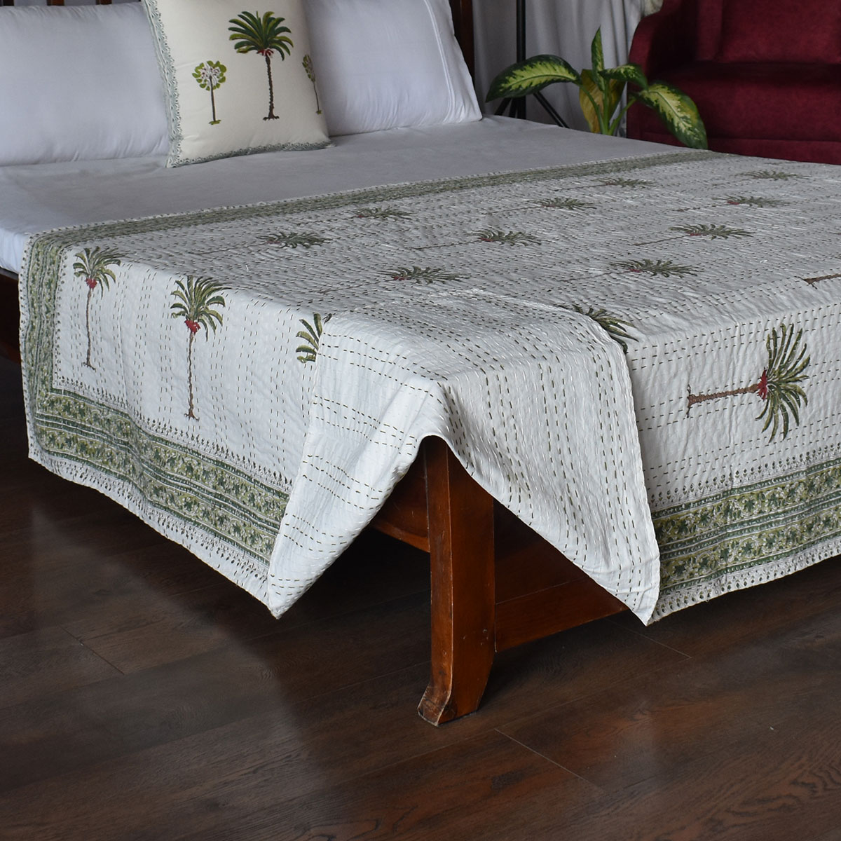 Hand Block Printed Cotton Twin Size Kantha Palm Tree Green 109024
