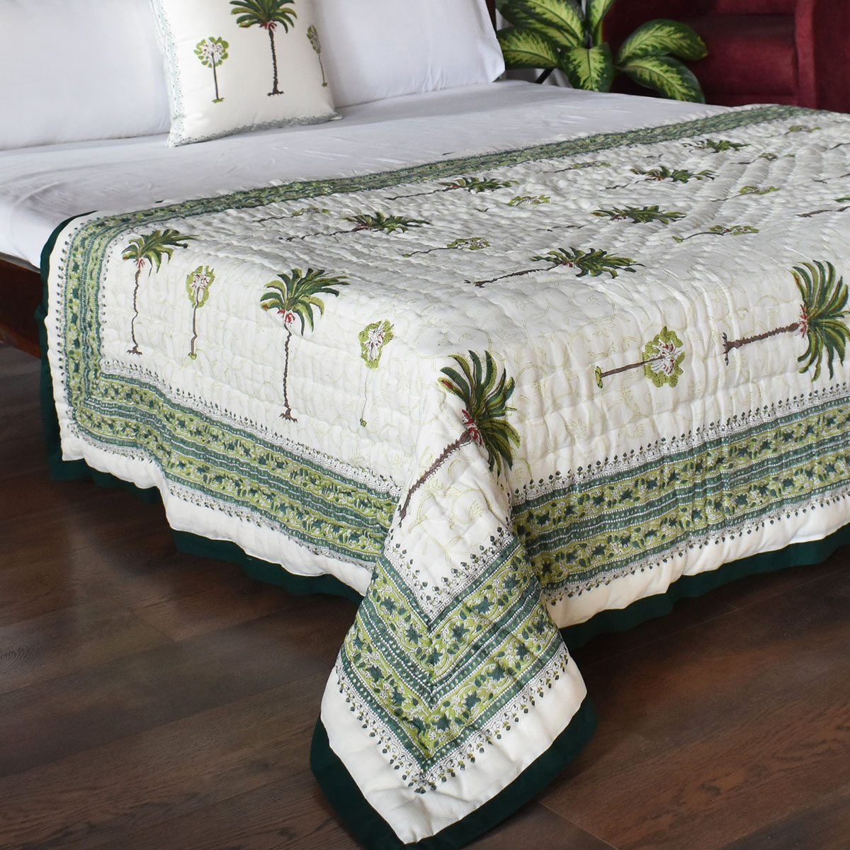 Hand Block Printed Cotton Twin Size Quilt Palm Tree Green 109024