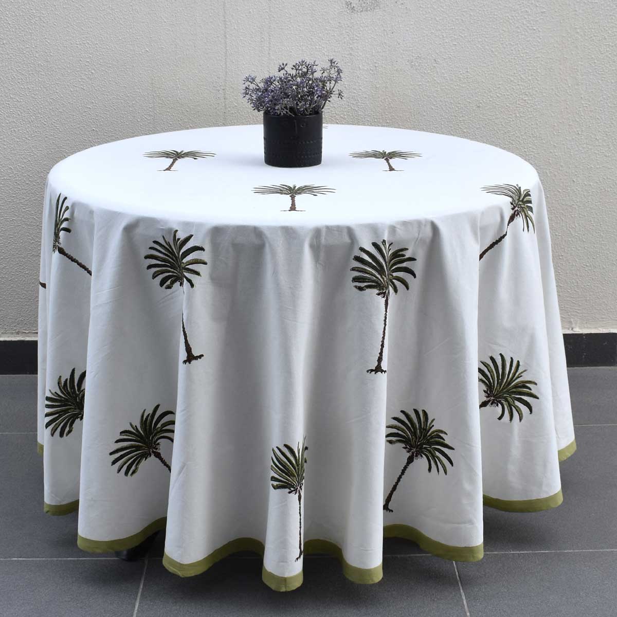Hand Block Printed Cotton Round Tablecloth 220 cms Palm Tree Green 109024