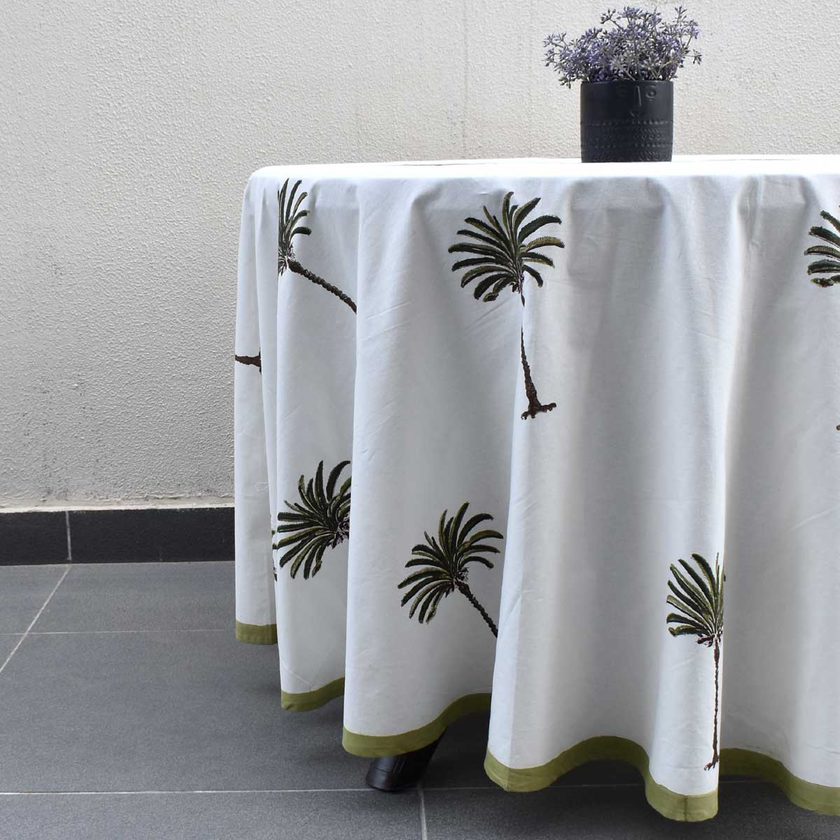 Hand Block Printed Cotton Round Tablecloth 275 cms Palm Tree Green 109024