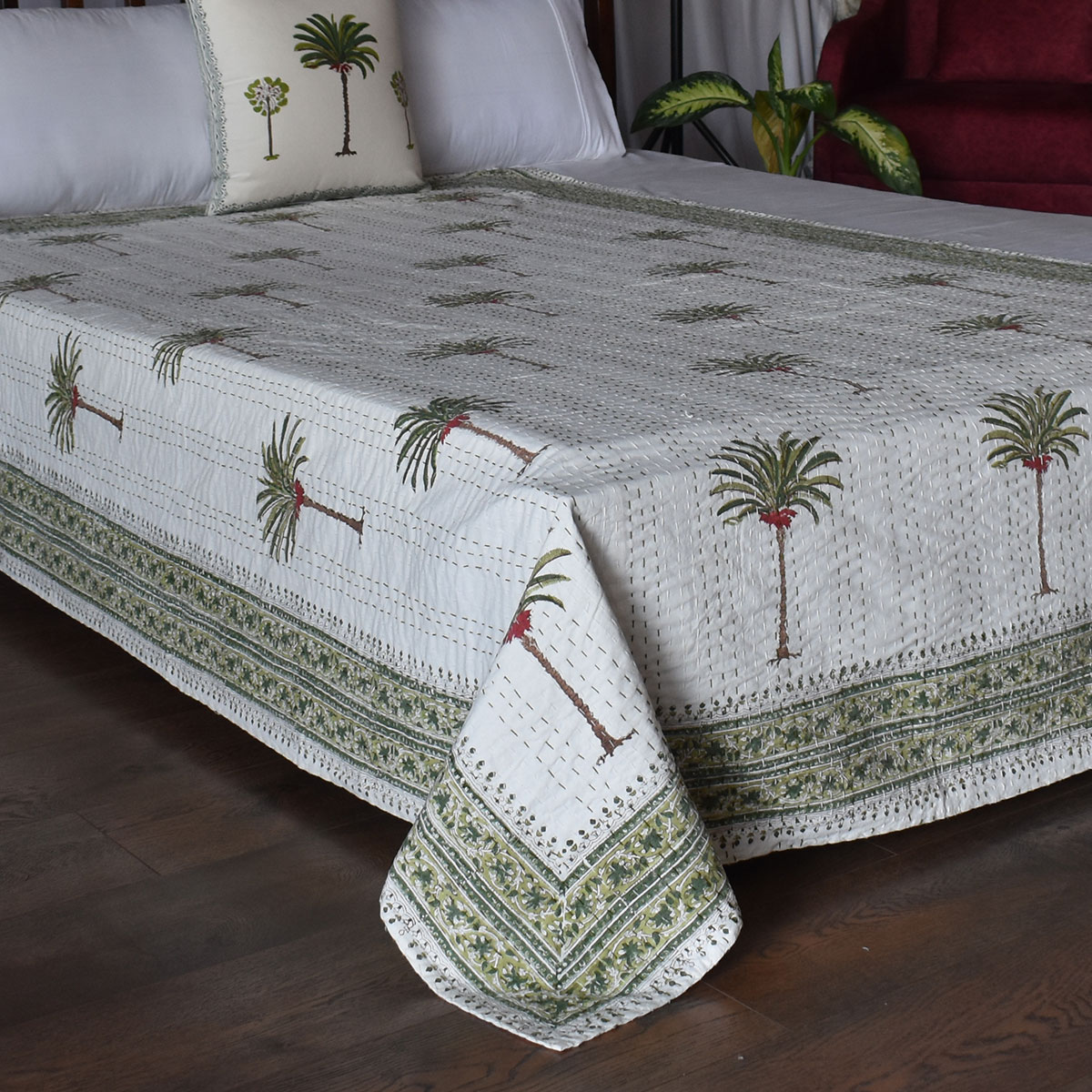 Hand Block Printed Cotton Twin Size Kantha Palm Tree Green 109024