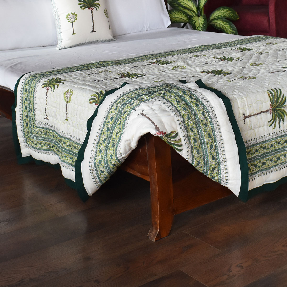 Hand Block Printed Cotton Twin Size Quilt Palm Tree Green 109024