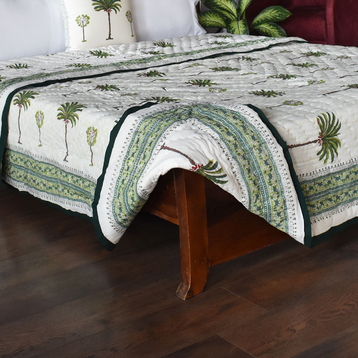 Hand Block Printed Cotton Queen Size Quilt Palm Tree Green 109024