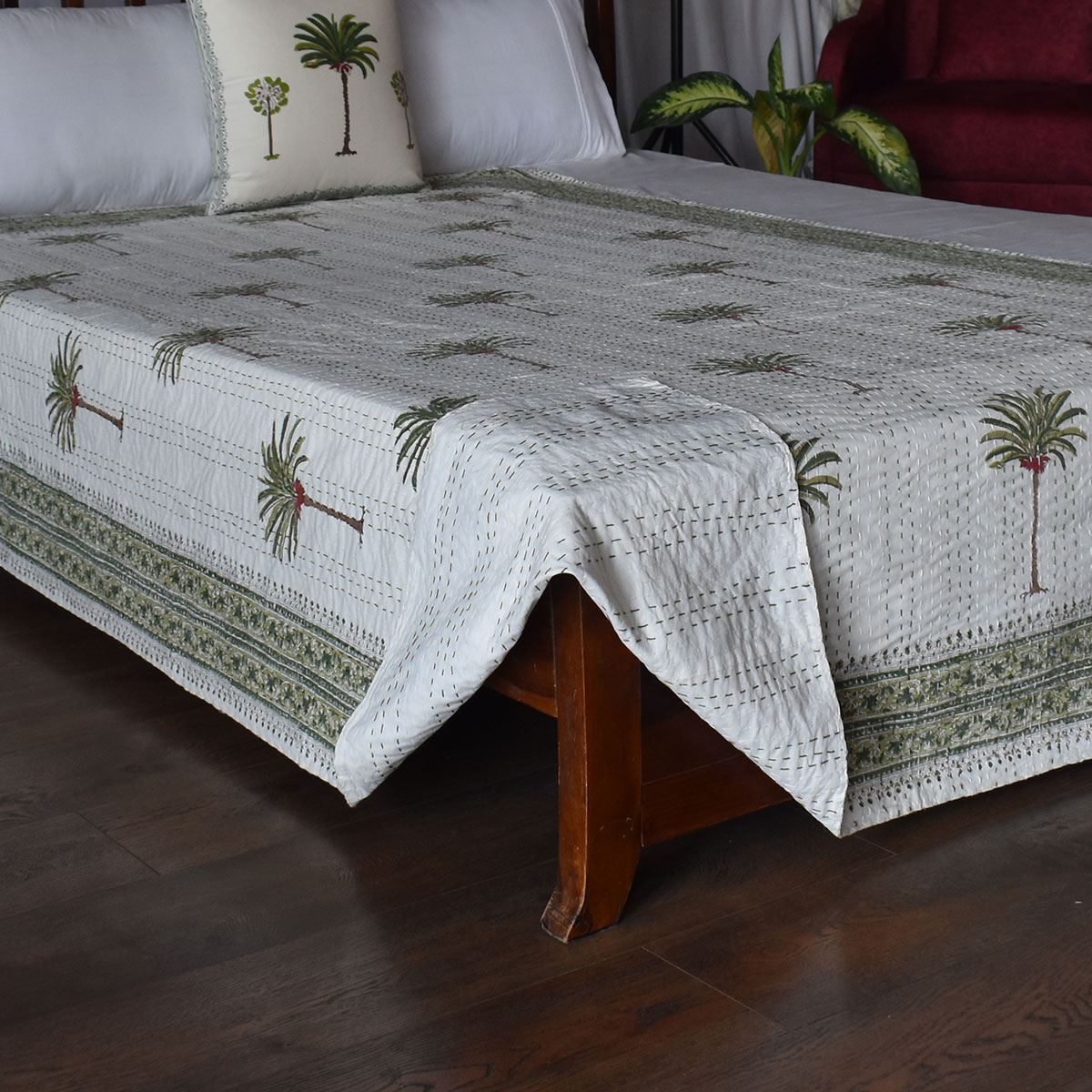 Hand Block Printed Cotton Twin Size Kantha Palm Tree Green 109024