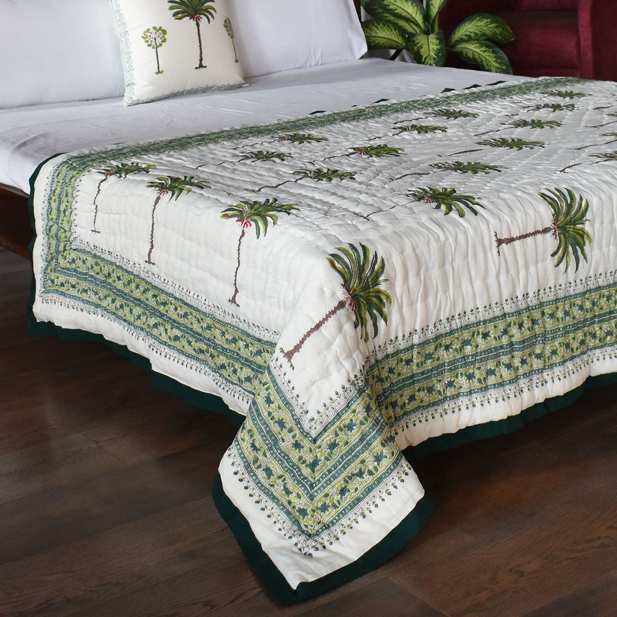 Hand Block Printed Cotton Twin Size Quilt Palm Tree Green 109024
