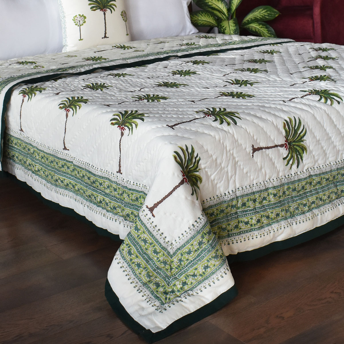 Hand Block Printed Cotton Queen Size Quilt Palm Tree Green 109024