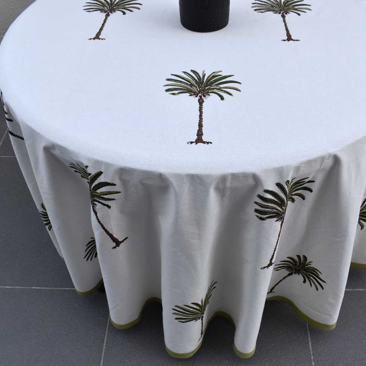 Hand Block Printed Cotton Round Tablecloth 150 cms Palm Tree Green 109024