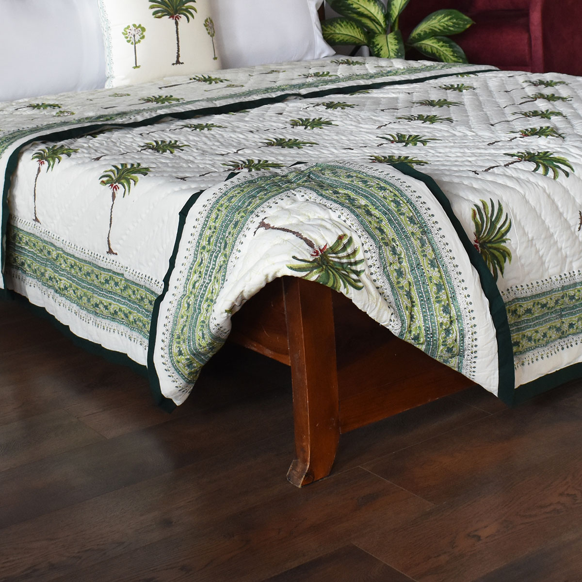 Hand Block Printed Cotton King Size Quilt Palm Tree Green 109024