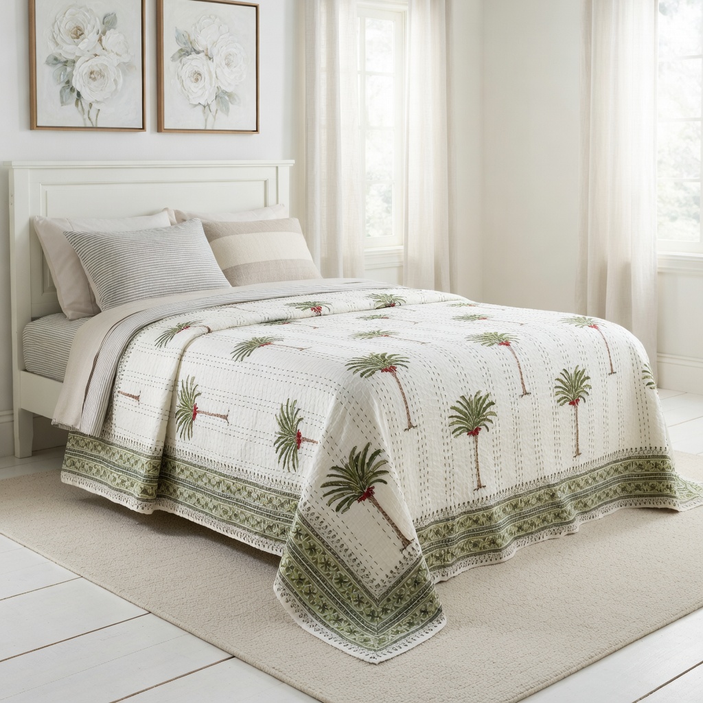 Hand Block Printed Cotton Twin Size Kantha Palm Tree Green 109024