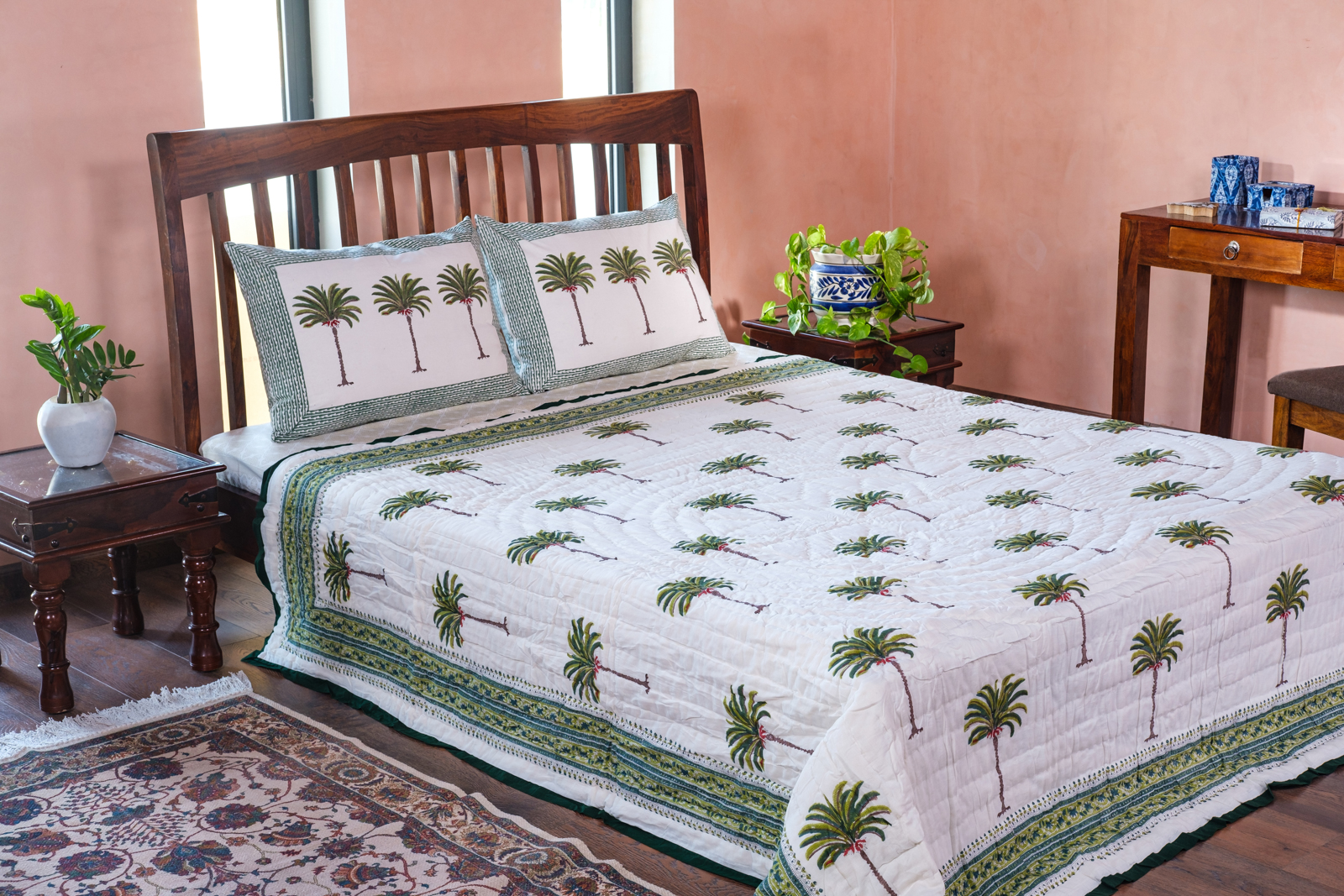 Hand Block Printed Cotton Queen Size Quilt Palm Tree Green 109024