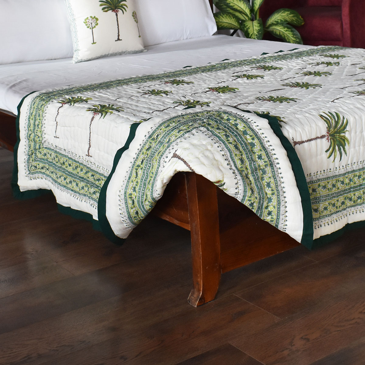 Hand Block Printed Cotton Twin Size Quilt Palm Tree Green 109024