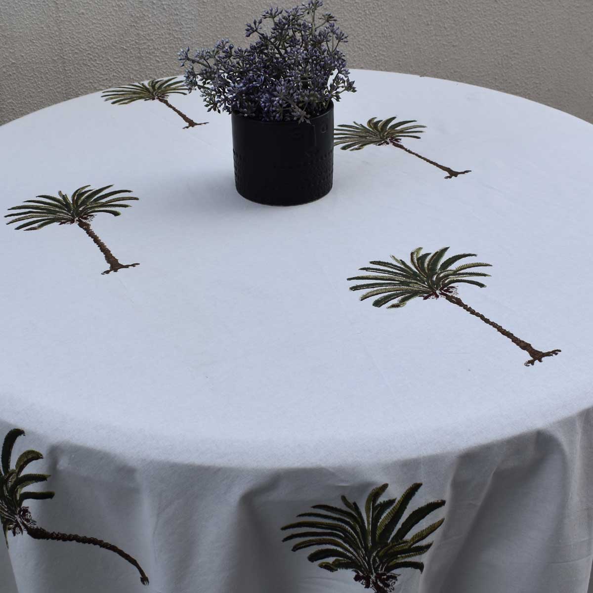 Hand Block Printed Cotton Round Tablecloth 150 cms Palm Tree Green 109024