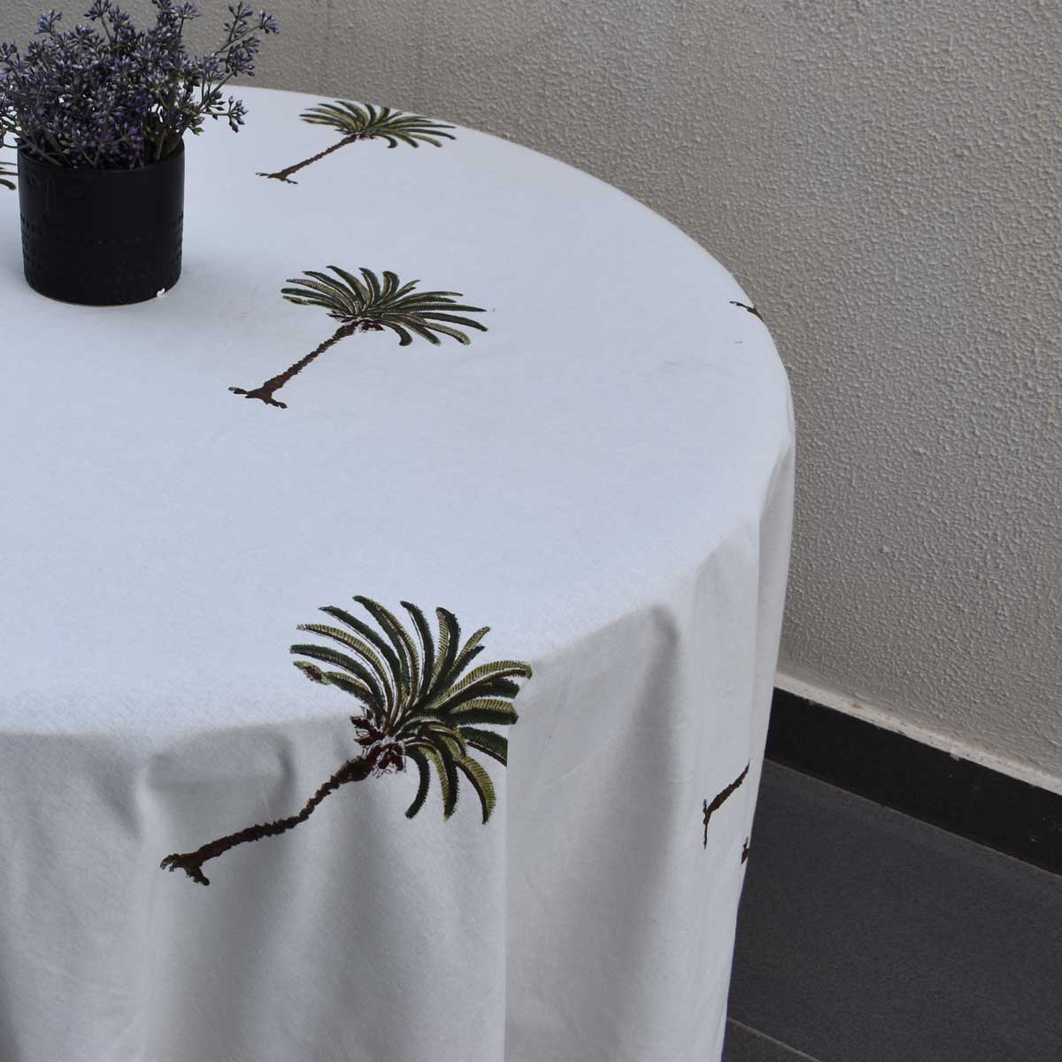 Hand Block Printed Cotton Round Tablecloth 275 cms Palm Tree Green 109024