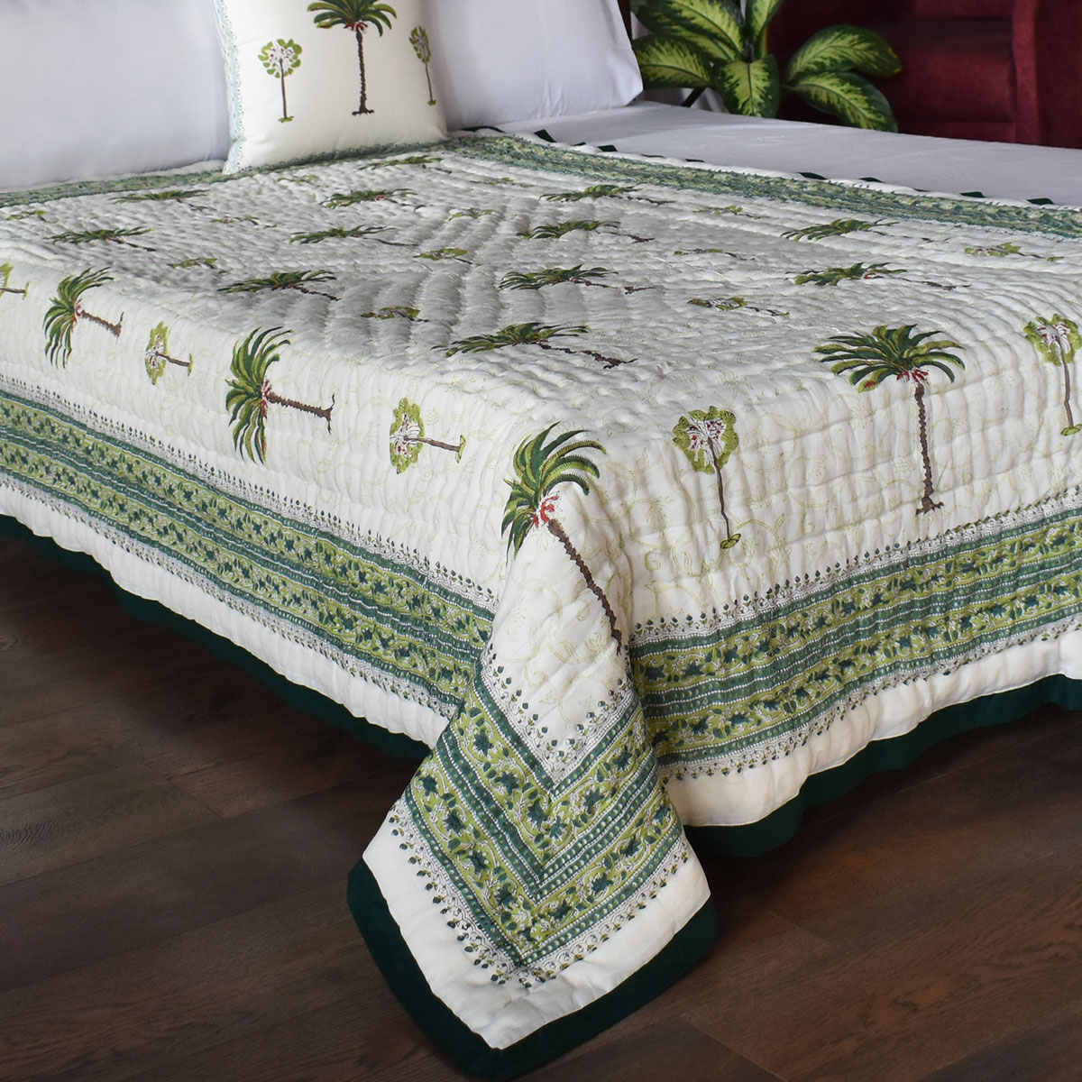 Hand Block Printed Cotton Twin Size Quilt Palm Tree Green 109024