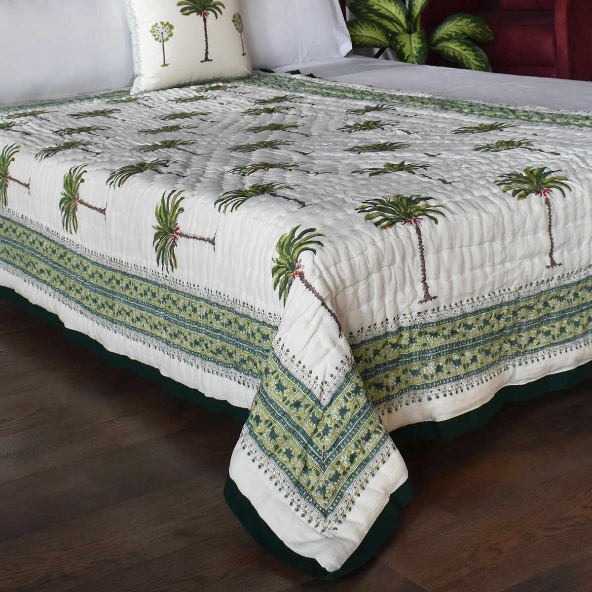 Hand Block Printed Cotton Twin Size Quilt Palm Tree Green 109024