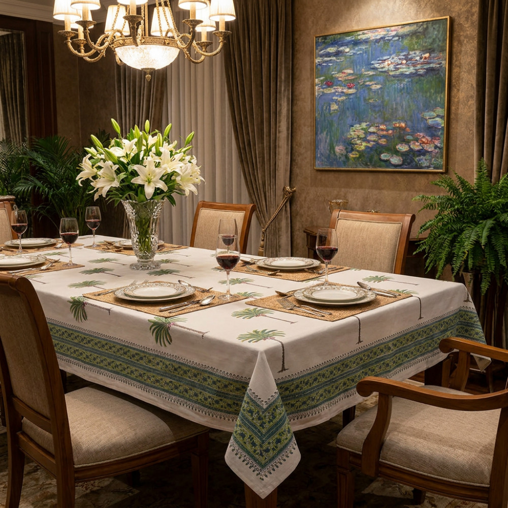 Image of Hand Block Printed Cotton Tablecloth 180x270 cms | Palm Tree Green 109024