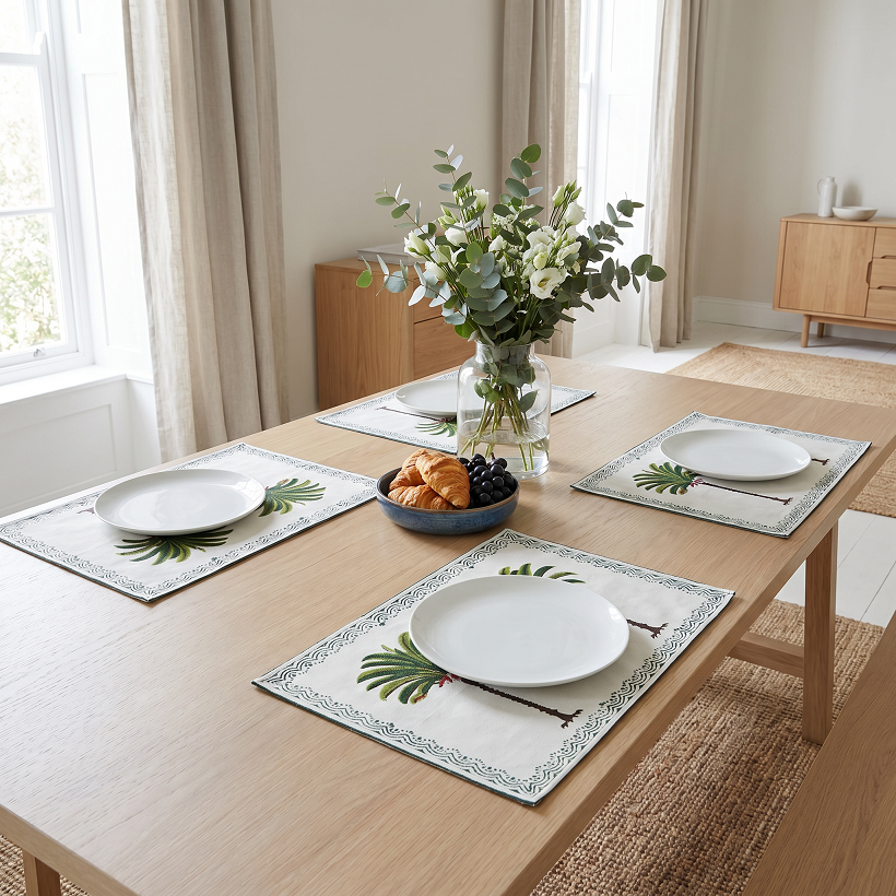 Hand Block Printed Cotton Canvas Table Mat 32x48 cms Set of 2 Table mats Palm Tree Green 109024