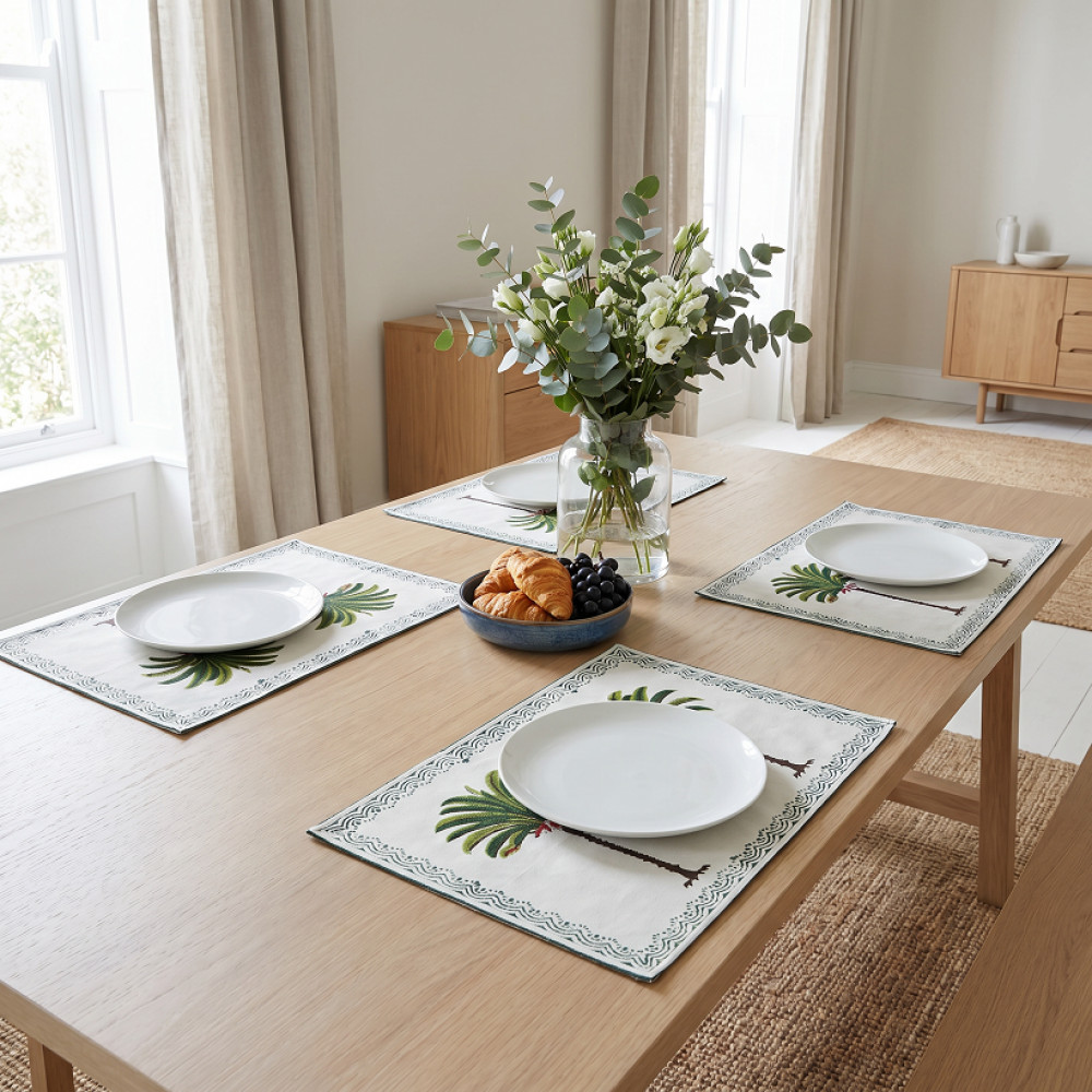 Image of Hand Block Printed Cotton Canvas Table Mat 32x48 cms (Set of 2 Table mats) | Palm Tree Green 109024