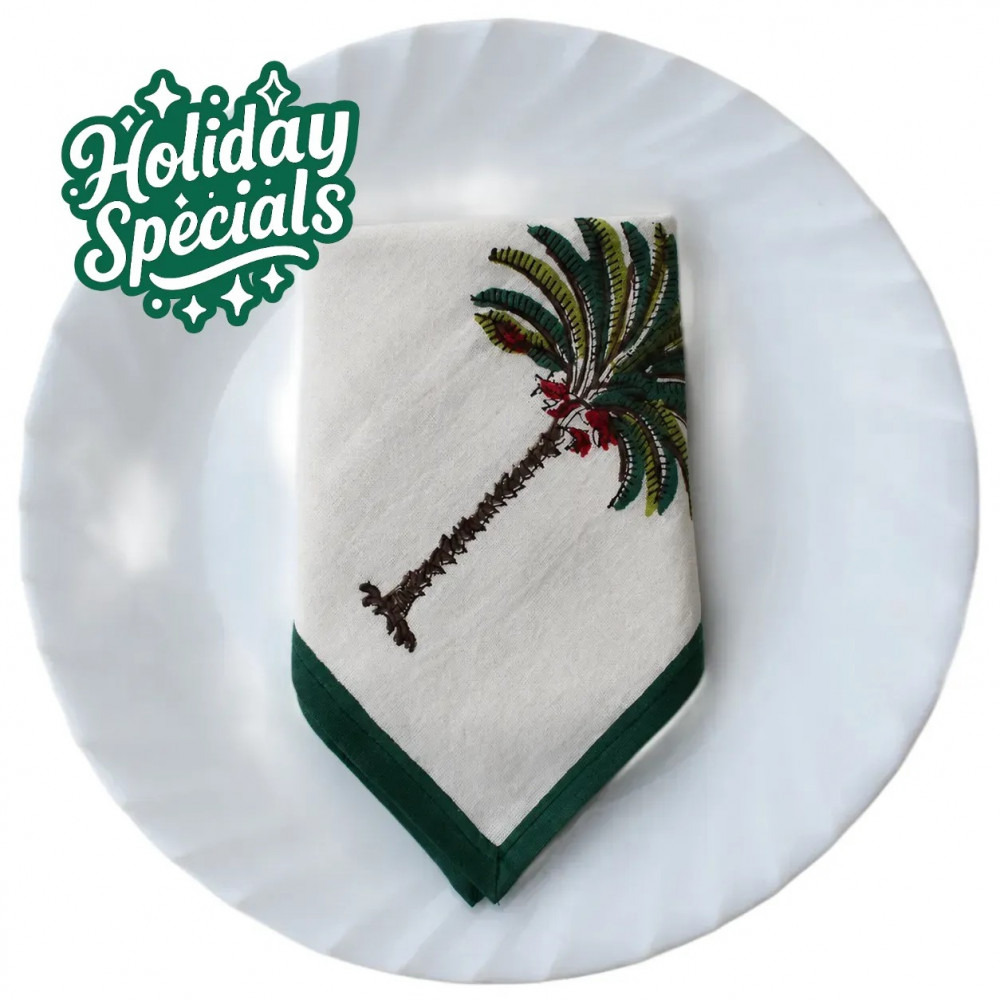 Image of Hand Block Printed Cotton Napkin 45x45 (Set of 4 Napkins) | Palm Tree Green 109024