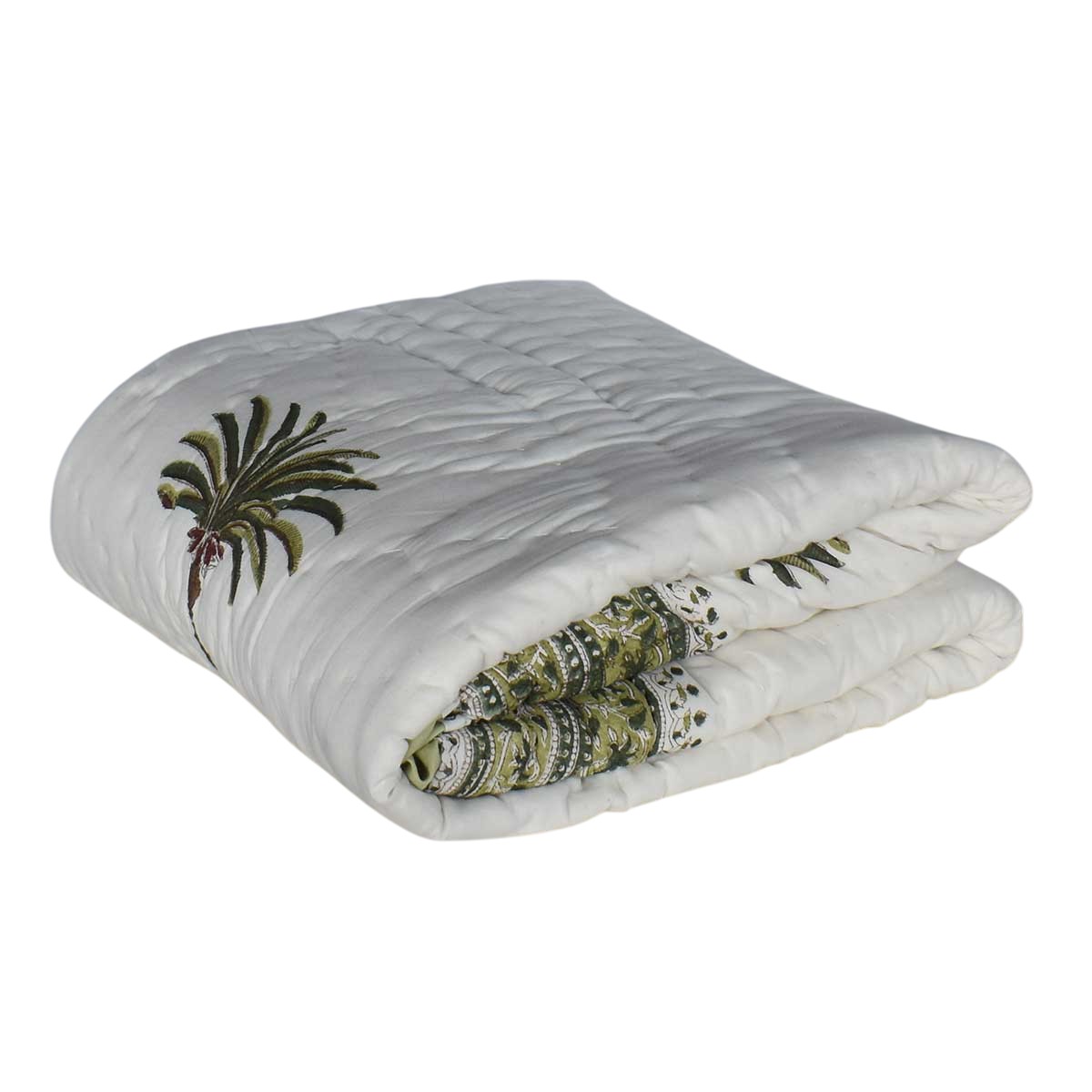 Hand Block Printed Baby Quilt Jaipur Razai Palm Tree Green Open 109024